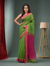 Parrot Green Cotton Blend Handwoven Saree With Texture Designs-MA50BCT06830081